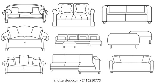 Sofa line Icons. Furniture design. Collection of sofa illustration. Modern furniture set isolated on white background.