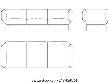 Sofa Line Vector Illustration. Different Views of Modern Sofa, Ideal for Furniture Design and Interior Concepts with Front, Side, and Top Views