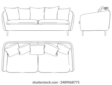 Sofa Line Vector Illustration. Different Views of Modern Sofa, Ideal for Furniture Design and Interior Concepts with Front, Side, and Top Views