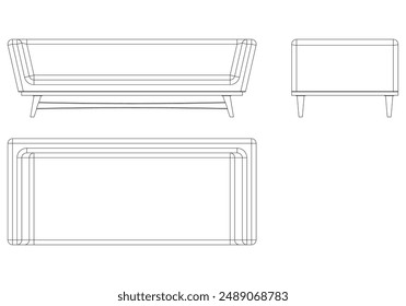 Sofa Line Vector Illustration. Different Views of Modern Sofa, Ideal for Furniture Design and Interior Concepts with Front, Side, and Top Views