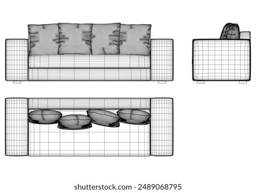 Sofa Line Vector Illustration. Different Views of Modern Sofa, Ideal for Furniture Design and Interior Concepts with Front, Side, and Top Views