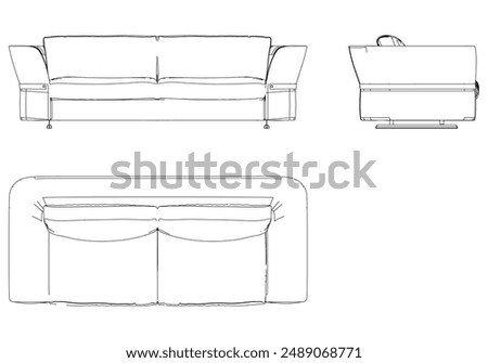 Sofa Line Vector Illustration. Different Views of Modern Sofa, Ideal for Furniture Design and Interior Concepts with Front, Side, and Top Views