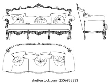Sofa for the living room hand-painted in different sizes and types, Elegant baroque and classical designs. Vector Illustration with Front, Side, and Top Views