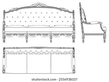 Sofa for the living room hand-painted in different sizes and types, Elegant baroque and classical designs. Vector Illustration with Front, Side, and Top Views
