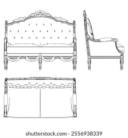 Sofa for the living room hand-painted in different sizes and types, Elegant baroque and classical designs. Vector Illustration with Front, Side, and Top Views