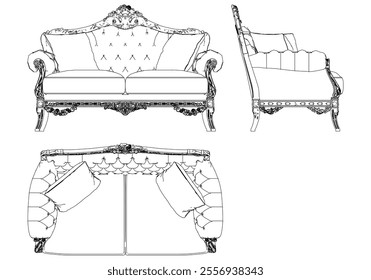Sofa for the living room hand-painted in different sizes and types, Elegant baroque and classical designs. Vector Illustration with Front, Side, and Top Views
