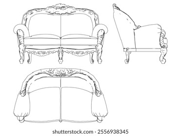 Sofa for the living room hand-painted in different sizes and types, Elegant baroque and classical designs. Vector Illustration with Front, Side, and Top Views