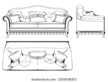 Sofa for the living room hand-painted in different sizes and types, Elegant baroque and classical designs. Vector Illustration with Front, Side, and Top Views