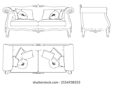 Sofa for the living room hand-painted in different sizes and types, Elegant baroque and classical designs. Vector Illustration with Front, Side, and Top Views