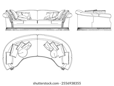 Sofa for the living room hand-painted in different sizes and types, Elegant baroque and classical designs. Vector Illustration with Front, Side, and Top Views