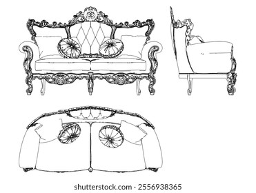 Sofa for the living room hand-painted in different sizes and types, Elegant baroque and classical designs. Vector Illustration with Front, Side, and Top Views