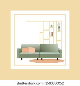 
Sofa in the living room. Interior design with shelves. Home decor. Bright furniture in the house. Minimalism modern desig