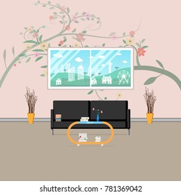 sofa in living room for reading book with floral wall paper and look out city view