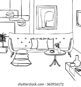 sofa in living room, simple interior sketch