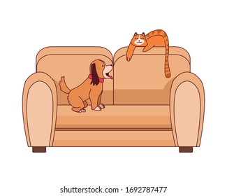 sofa livingroom forniture with mascots vector illustration design