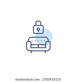 Sofa and lock. Secure personal space, comfort zone. Pixel perfect, editable stroke vector icon