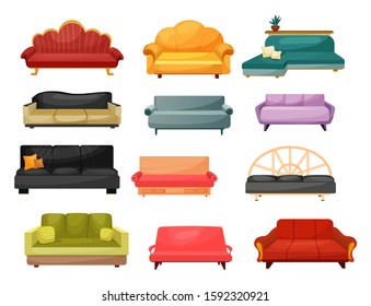 Sofa and lounge couch, vector flat icons of home furniture. Modern and classic vintage upholstery sofas, divans and settee with pillow cushions, home and office interior