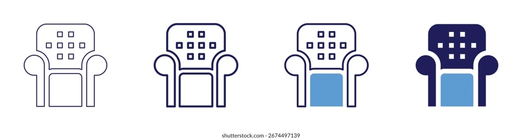 Sofá ícone luxuoso em 4 estilos diferentes. Linha Fina, Linha, Linha Negrito, Duotônico. Estilo duotônico. Traçado editável.