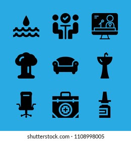 sofa, meeting, first aid kit, desk chair, nasal spray, explosion, television, sink and water vector icon. Simple icons set