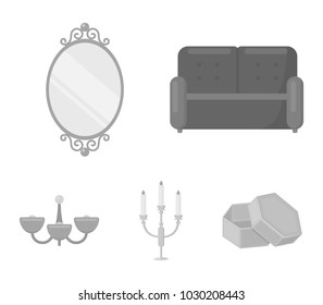 Sofa, mirror, candlestick, chandelier.FurnitureFurniture set collection icons in monochrome style vector symbol stock illustration web.