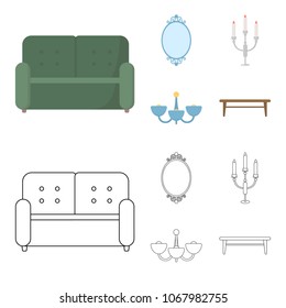 Sofa, mirror, candlestick, chandelier.FurnitureFurniture set collection icons in cartoon,outline style vector symbol stock illustration web.