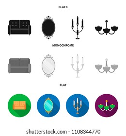 Sofa, mirror, candlestick, chandelier.FurnitureFurniture set collection icons in black, flat, monochrome style vector symbol stock illustration web.