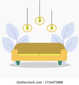 Sofa with modern lamps, interior item. Flat vector illustration.