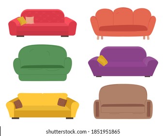 Sofa multicolored set . Living room furniture design concept modern home interior element flat vector. Contemporary furniture for living room or home office. Modern divan with soft cloth upholstery