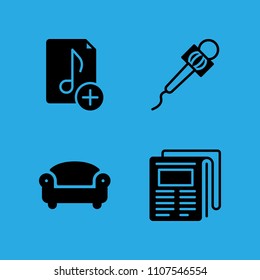 sofa, music file, newspaper and microphone icons vector in sample icon set for web and graphic design