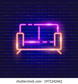 Sofa neon sign. Vector illustration for the design of advertising, catalog, banner, signboard. Furniture concept.