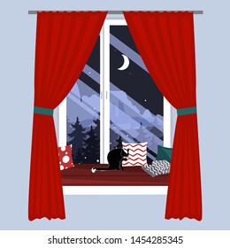 The sofa on the window sill. Christmas Window seat with a cat and beautiful mountains landscape view. Hand-drawn vector illustration in scandinavian hygge style. Interior design element.