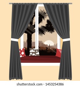 The sofa on the window sill with the mountains desert view. Window seat vector illustration, interior design element. Morning landscape with Joshua tree and mountains over sunrise.