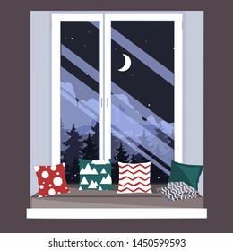 The sofa on the window sill. Window seat. Hand-drawn vector illustration in scandinavian hygge style. Interior design element.