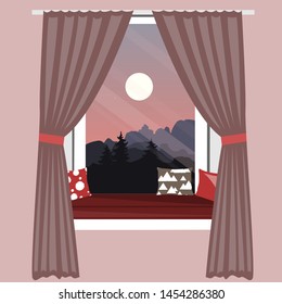 The sofa on the window sill. Window seat with beautiful mountains landscape view. Hand-drawn vector illustration in scandinavian hygge style. Interior design element.