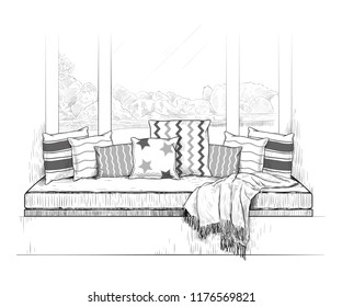   The sofa on the windowsill. Window seat. Hand-drawn vector illustration in vintage style. Interior sketch. 