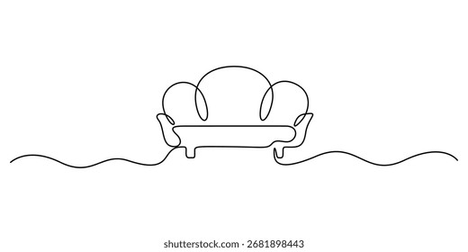 
Sofá en un estilo de dibujo de línea continua. Diseño lineal negro de los muebles caseros aislado en el fondo blanco. Ilustración vectorial
