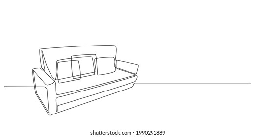 Sofa in one Continuous line drawing. Interior with couch in simple linear style. Editable stroke. Vector illustration