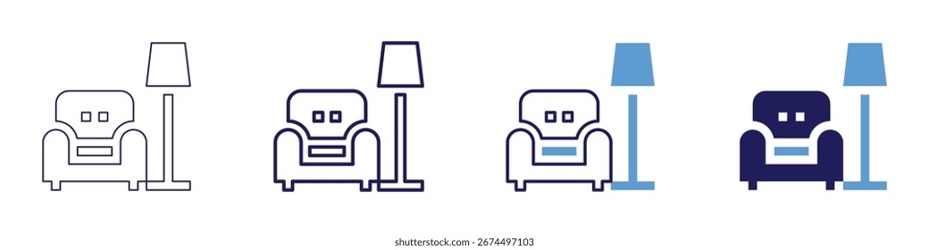 Ícone do organizador do sofá em 4 estilos diferentes. Linha Fina, Linha, Linha Negrito, Duotônico. Estilo duotônico. Traçado editável.