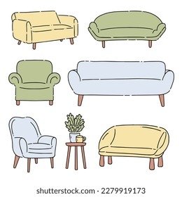 sofa outline doodle color icon set