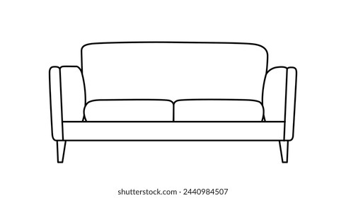 Icono de contorno de sofá. Ilustración de arte de línea del sofá. Salón moderno, muebles en estilo escandinavo para el interior del hogar. Ilustración de vector lineal aislado sobre fondo blanco.