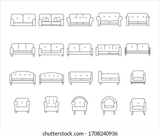 Sofa Outline Icons Set, Interior Furniture On White Background. 