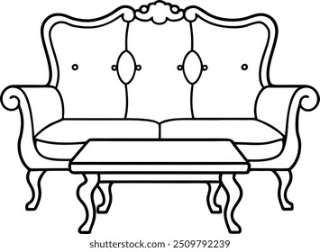 Sofa outline vector of a traditional sofa set with wooden legs and a T-shaped table in the center