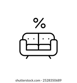 Sofa and percent. Furniture discount. Store sales. Pixel perfect, editable stroke icon