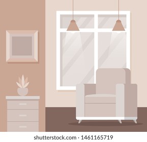 sofa with picture and window with lights and plant
