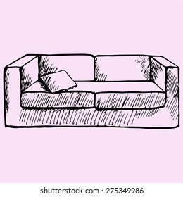 sofa and pillow, doodle style, sketch illustration