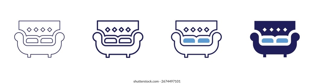Icono de almohada de sofá en 4 estilos diferentes. Línea delgada, línea, línea en negrita, duotono. Estilo duotono. Trazo editable.