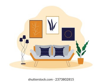 Sofa with pillows as a complement, decorative lamps and potted plants next to it, three one-of-a-kind paintings displayed on the wall, vector illustrations of interior and furniture.