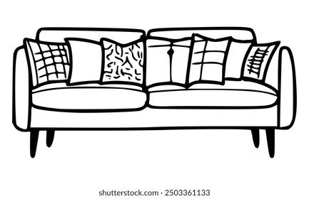 Sofa with pillows. Hand drawn doodle illustration.