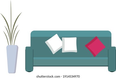 Sofa with pillows, illustration, vector on a white background.