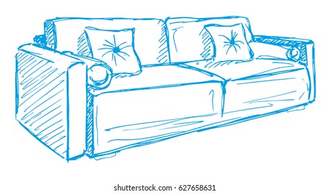 Sofa with pillows isolated on white background. Vector illustration in a sketch style.